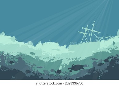 Schöne Landschaft: ein gesunkenes Schiff. Vektorgrafik.