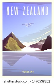 Beautiful landscape in sunny day in New  Zealand with mountains, Milford Sound, sea and airplane. Time to travel. Around the world. Quality vector poster. National park Fiordland.