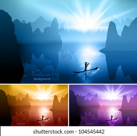 Beautiful landscape with sunrise in mountains. Vector illustration.