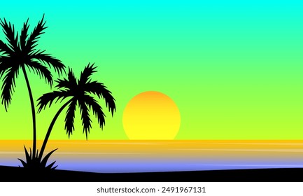 Beautiful landscape of sunset in the afternoon on the sea and silhouettes of palm trees