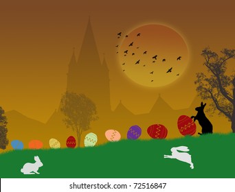 beautiful landscape at sunset with bunny and easter eggs