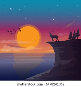 beautiful landscape sunset with deer on the rock hills