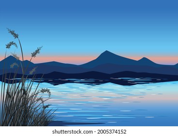 Beautiful landscape with sunset over the sea, mountains and reeds. Vector illustration of a colorful landscape in a minimal style.