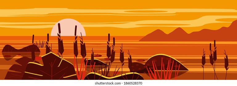 Beautiful landscape Sunset sea, lake, stones, reeds, flora, mountains. Vector illustration, trendy cartoon style, poster, banner