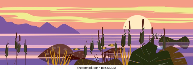 Beautiful landscape Sunset sea, lake, stones, reeds, flora, mountains. Vector illustration, trendy cartoon style, poster, banner