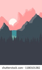 Beautiful landscape with sunset, waterfall, and forest on the background of mountains. Flat design. Vector illustration. Eps 10.