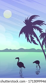 Beautiful landscape with sunset.Vector illustration of seascape with flamingos.
