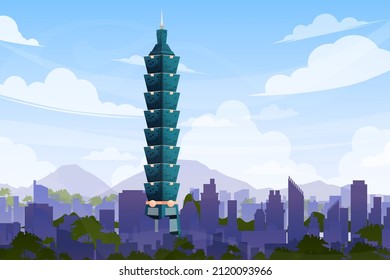 Beautiful landscape Taipei 101 the capital of Taiwan, one of famous tourist attraction symbol 101-floor Taiwan landmark skyscraper Architecture, design postcard or travel poster, Vector illustration.