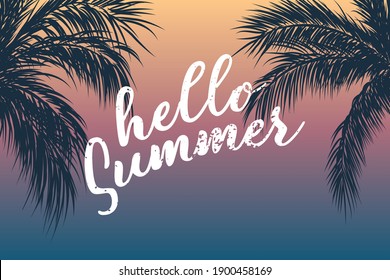 Beautiful landscape with text Hello Summer. Lettering. Gradient background. Summer illustration