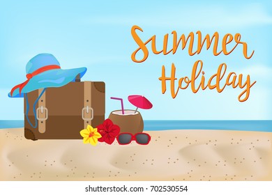Beautiful landscape with text Summer holiday. Lettering. Bright, colorful background. Summer illustration