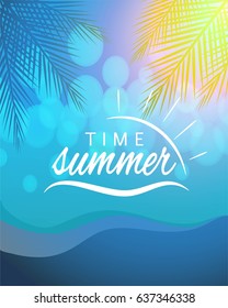 Beautiful landscape with text Summer time. Lettering. Bright, colorful background. Summer illustration