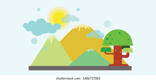 beautiful landscape three mountain in background, one old tree in front, sunny day ,vector illustrator.