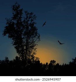 Bela paisagem com árvore no pôr do sol azul, ilustração vetorial
