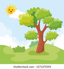 beautiful  landscape with tree and cute sun character for  web landing page, drawing book cover, background, wallpaper, and art book illustration.