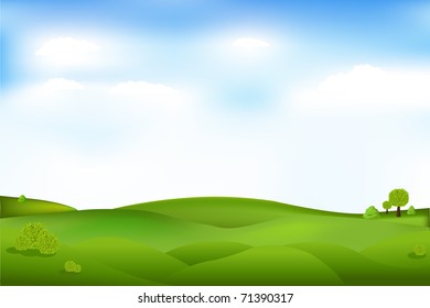 Beautiful Landscape With Trees And Clouds In Sky, Vector Illustration