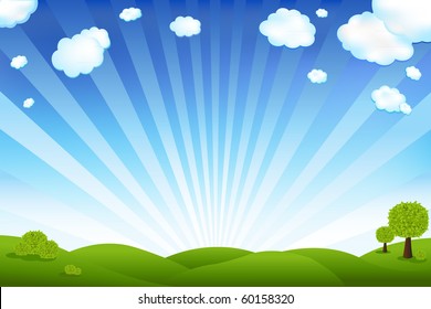 Beautiful Landscape With Trees And Clouds, Vector Illustration