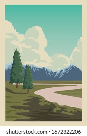 hermoso paisaje con árboles bosque y montañas diseño vectorial de ilustración