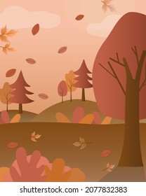 Beautiful Landscape With trees and meadow on hill in autumn, leaves flying in the air, flat design vector illustration