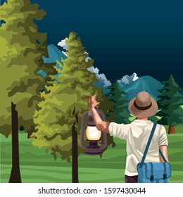 beautiful landscape with trees and mountains with traveler man with hat and bag, colorful design, vector illustration