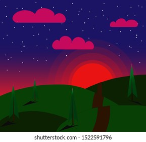 beautiful landscape, trees in the shadow of Maoin sunset, forest road under the starry sky and raspberry clouds
