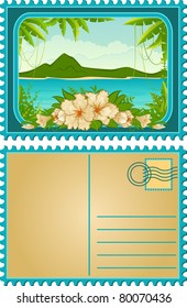 Beautiful Landscape with tropical plants. Vector blank Postcard