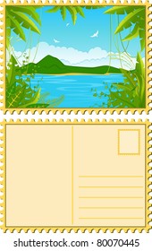 Beautiful Landscape with tropical plants. Vector blank Postcard