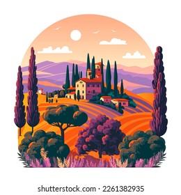 beautiful landscape in tuscany italy flat vector illustration