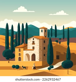 beautiful landscape in tuscany italy flat vector illustration