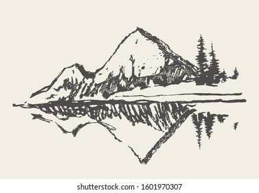 Beautiful landscape with two mountains, spruce forest and lake. Hand drawn vector illustration, sketch