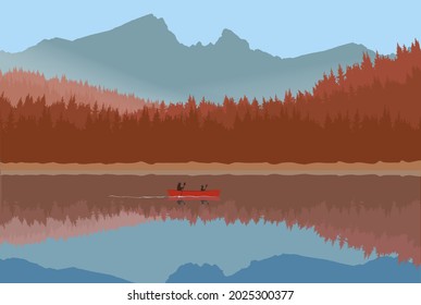 Beautiful landscape: two people in a canoe against the background of mountains. Vector illustration.