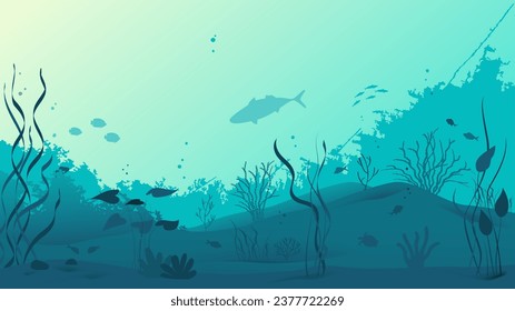 Beautiful landscape underwater. The bottom of the sea or ocean with algae, grass, corals, marine flora and fauna. Design for background, banner, postcard. The concept of exploring the underwater world