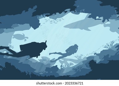 Beautiful landscape: an underwater cave in the ocean. Vector illustration.