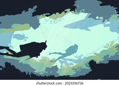 Beautiful landscape: an underwater cave in the ocean. Vector illustration.