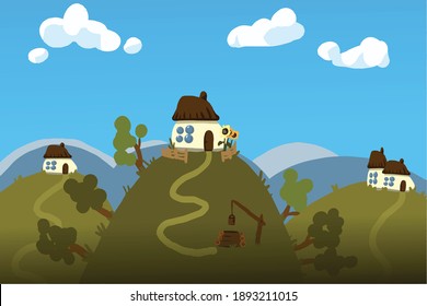 Beautiful landscape, vector drawing, houses are on the hills.