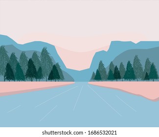 Beautiful Landscape Vector Illustration design. landscape with pink sky and a large river running among forested hills at sunset