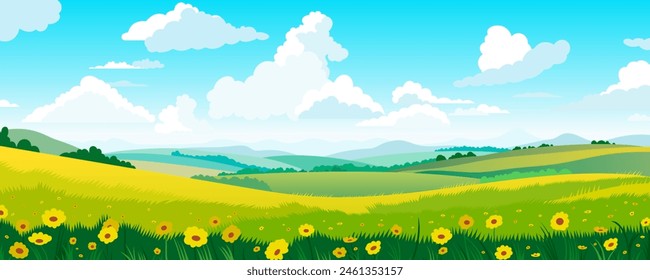 Beautiful landscape vector illustration of flowering fields and meadows against a background of mountains and forests. Stunning panoramic farm landscape of summer fields. Natural landscape.