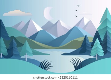 Beautiful landscape vector illustration. Landscape of mountains, forests, lakes in paper style. Stunning landscape of a mountain lake with a moon. Beautiful landscape for printing. Paper style.