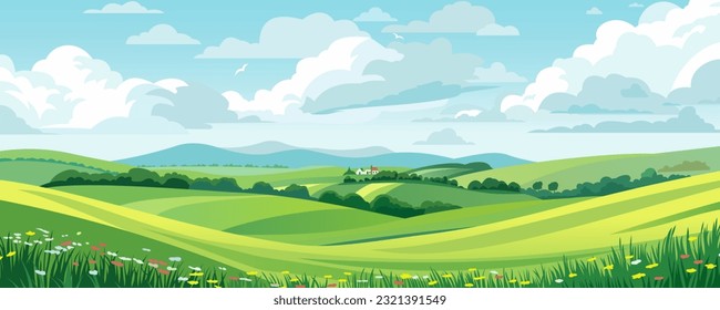 Beautiful landscape vector illustration of mountains, forests, fields and meadows. Stunning panoramic farm landscape with mountains in the background. landscape for printing.