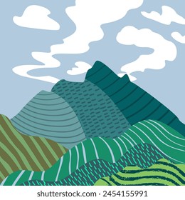 Beautiful landscape. Vector illustration of mountains, trees, plants, fields and animals. For prints, cover or card designs, art decoration.