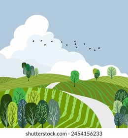 Schöne Landschaft. Vektorillustration von Bergen, Bäumen, Pflanzen, Feldern und Tieren. Für Drucke, Cover- oder Kartendesigns, Kunstdekoration.