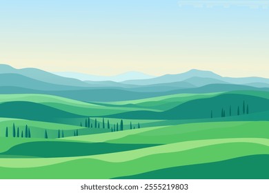 Beautiful landscape vector illustration of mountains, forests, green fields and meadows. Stunning panoramic farm landscape with mountains in the background. Natural landscape for design.