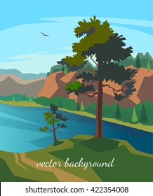 Beautiful landscape. vector illustration of north nature with pines on hill and mountains with forest near river