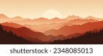 Beautiful landscape vector illustration of red mountains and forest silhouettes. Stunning landscape of mountains, forests and lakes against the backdrop of sunset. Beautiful landscape for printing.