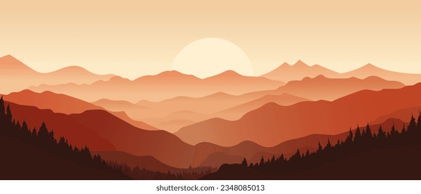 Hermoso paisaje vectorial ilustración de montañas rojas y siluetas forestales. Un impresionante paisaje de montañas, bosques y lagos en el contexto de la puesta de sol. Hermoso paisaje para imprimir.