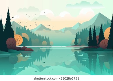 Beautiful landscape vector illustration. Stunning landscape of a mountain lake at dawn. Beautiful landscape for printing.