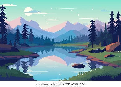 Beautiful landscape vector illustration. Stunning landscape of a mountain lake at sunset. Moonrise over the forest, mountains and a wonderful lake. Beautiful landscape for printing.