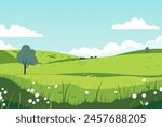 Beautiful landscape vector illustration of summer green fields, hills and flower meadows. Stunning farm landscape with hills and blue sky with clouds in the background. Natural landscape for design.