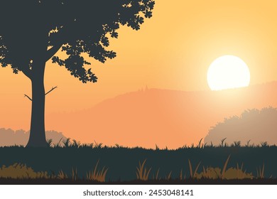 Beautiful landscape vector illustration of a summer sunset against a background of mountains, forests, fields and meadows. Stunning natural landscape with silhouette of trees. Natural landscape.