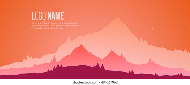 Beautiful landscape. Vector illustration. Traveling, mountains, vacation silhouettes, nature horizontal background. Color border