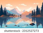 
Beautiful landscape vector illustration. Warm sunrise over mountains, lake and forest. The concept of travel, hiking, outdoor activities and adventure. Landscape for flyer, postcard, nature design